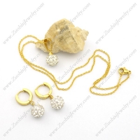 Gold Steel Clear Rhinestones Ball Earring Clip and Necklace Set s001046