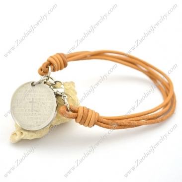 4 Light Brown Wax Cord Bracelet with Lection Round Charm b003106