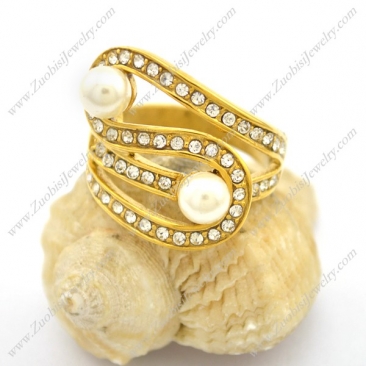 Two Pearls Gold Steel Ring r002736