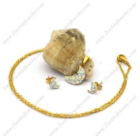 AB Color Stone Moon Earring and Gold Plated Chain with Moon Charm s001213