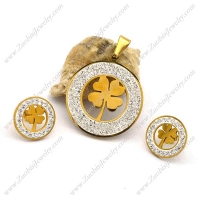 Clear Rhinestones Stainless Steel Clover Jewelry Set in Gold Tone s001221