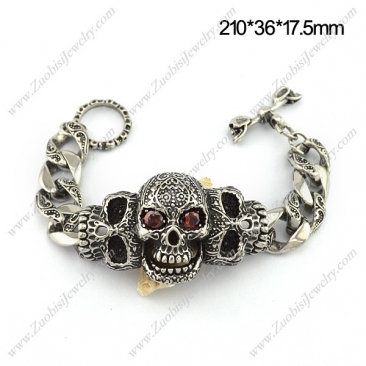 3 Casting Ruby Zircon Skulls Bracelet with Skulls OT Buckle in Vintage Style b004051