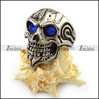 Blue Rhinestone Eyes Skull Ring with Beard r004324