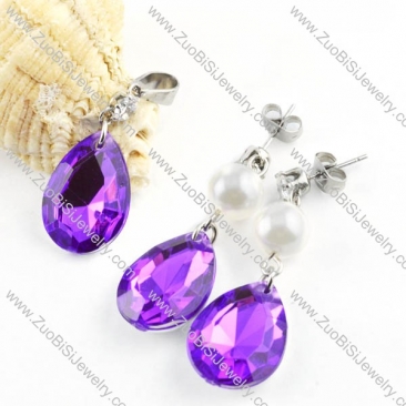 Clear Purple Stainless Steel Jewelry Set with Water-drop Stone -s000065