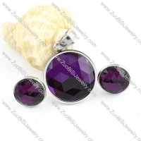 Silver Stainless Steel jewelry set with Purple Round Faceted Stone -s000067