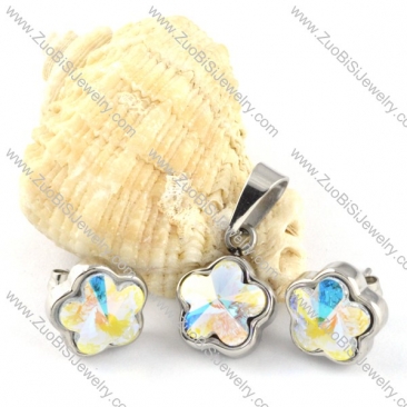 Clear Flash Color Crystal Flower Stainless Steel Jewelry Set -s000104