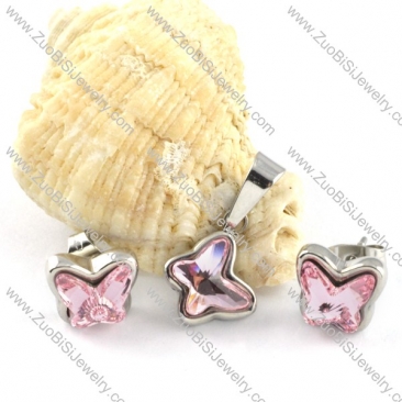 Clear Pink Crystal Butterfly Stainless Steel Jewelry Set -s000111