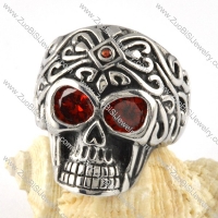 Stainless Steel Skull Ring with 2 Clear Red Zircon Eyes- r000058
