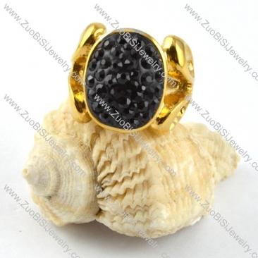 Gold Stainless Steel Black Rhinestone Ring - r000190